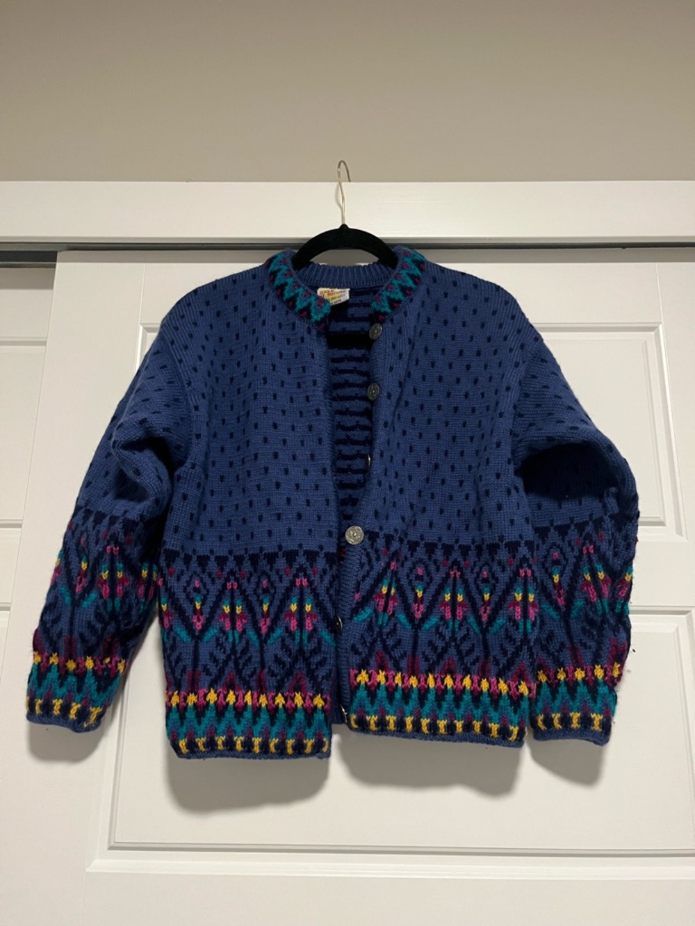 Dale of Norway Navy Blue Knit Cardigan with Teal and Pink Accents